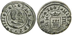 1663. Felipe IV. Cuenca. 4 maravedís. (Cal. 1339). Buen ejemplar. Escasa así. EBC+