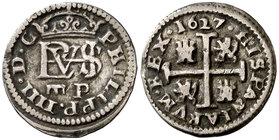 1627. Felipe IV. Segovia. P. 1/2 real. (Cal. 1195). 1,43 g. Acueducto de 2 arcos. MBC-.