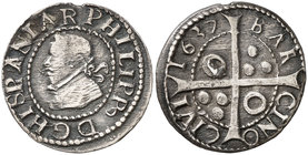 1637. Felipe IV. Barcelona. 1 croat. (Cal. 978) (Cru.C.G. 4414e). 3,16 g. Las letras PAN de HISPANIA rectificadas sobre HIS. Ex Áureo & Calicó 17/12/2...