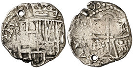 1631. Felipe IV. Potosí. T. 1 real. (Cal. 1026). 3,26 g. Perforación. Rara. (MBC-).