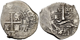 1656. Felipe IV. Potosí. E. 1 real. (Cal. 1056). 2,63 g. Triple fecha, la de la leyenda completa. Doble ensayador. MBC-.