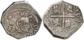 1643. Felipe IV. MD (Madrid). (grande). 2 reales. (Cal. 853). 5,52 g. Ceca horizontal. Ensayador invertido. La leyenda del reverso comienza a las 4h d...
