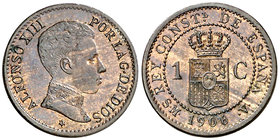 1906*6. Alfonso XIII. SMV. 1 céntimo. (Cal. 76). 1,03 g. Bella. Brillo original. Ex Áureo Selección 2006, nº 444. Rara y más así. S/C-.