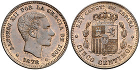 1878. Alfonso XII. Barcelona. OM. 5 céntimos. (Cal. 72). 4,92 g. Bella. Brillo original. Ex Colección Manuela Etcheverría. Escasa así. EBC+.