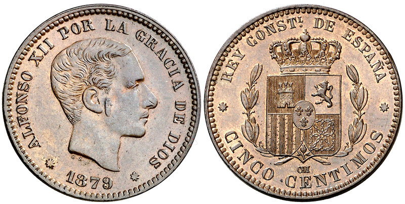 1879. Alfonso XII. Barcelona. OM. 5 céntimos. (Cal. 73). 4,96 g. Bella. Brillo o...