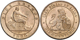 1870. Gobierno Provisional. Barcelona. OM. 10 céntimos. (Cal. 24). 10,06 g. Bella. Brillo original. Escasa así. EBC+.