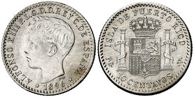1896. Alfonso XIII. Puerto Rico. PGV. 10 centavos. (Cal. 85). 2,48 g. Mínimo defecto de acuñación en canto. Muy bella. Rara así. EBC+.