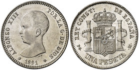 1891*1891. Alfonso XIII. PGM. 1 peseta. (Cal. 38). 5,03 g. Mínimo golpecito. Bella. Rara así. S/C-.