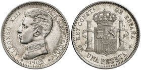 1905*1905. Alfonso XIII. SMV. 1 peseta. (Cal. 51). 5,05 g. Bella. Parte de brillo original. Ex Áureo & Calicó 28/05/2008, nº 638. Ex Colección Manuela...