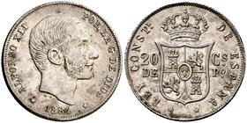 1884. Alfonso XII. Manila. 20 centavos. (Cal. 91). 5,08 g. Leves marquitas. Bella. Preciosa pátina. Rara y más así. EBC-/EBC.