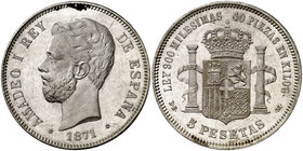 1871*1874. Amadeo I. DEM. 5 pesetas. (Cal. 10). 24,91 g. Leves marquitas. Mínima oxidación. Bella. Brillo original. Ex Colección Manuela Etcheverría. ...