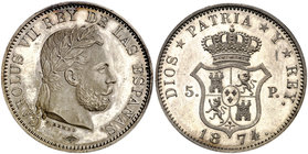 1874. Carlos VII, Pretendiente. Bruselas. 5 pesetas. (Cal. 2). Canto liso. En cápsula de la PCGS como SP61, nº 689965.61/36045710. Escudito de Catalun...