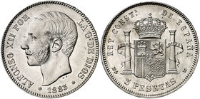 1883*1883. Alfonso XII. MSM. 5 pesetas. (Cal. 37). 24,78 g. Mínimas marquitas. Bella. Escasa así. EBC+.