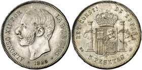 1885*1887. Alfonso XII. MSM. 5 pesetas. (Cal. 10). 24,79 g. Leves marquitas. Bella pátina. Escasa así. EBC/EBC+.
