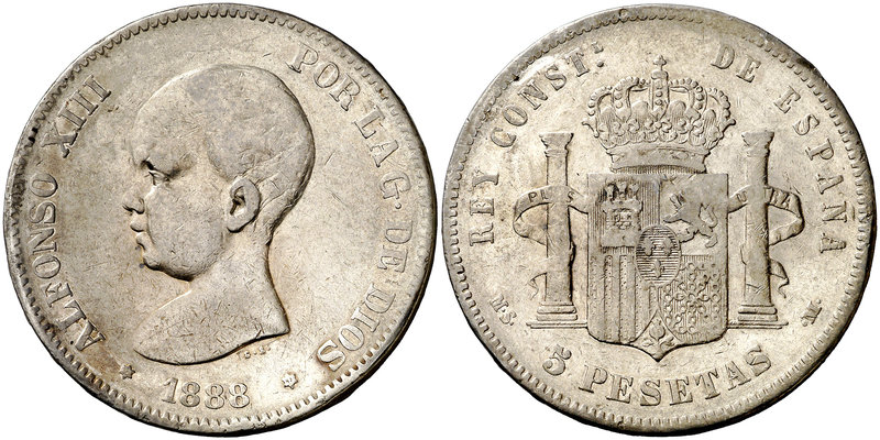 1888*1888. Alfonso XIII. MSM. 5 pesetas. (Cal. 12). 24,47 g. Golpecitos. Muy rar...