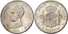 1888*1888. Alfonso XIII. MSM. 5 pesetas. (Cal. 12). 24,47 g. Golpecitos. Muy rara. MBC-.