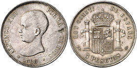 1888*1888. Alfonso XIII. MPM. 5 pesetas. (Cal. 13). 25 g. Bella. Ex Colección Manuela Etcheverría. Escasa así. EBC.