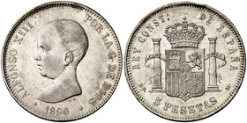 1890*-890. Alfonso XIII. MPM. 5 pesetas. (Cal. 15). 25 g. Primera estrella muy floja. Golpecito canto. EBC-/EBC.