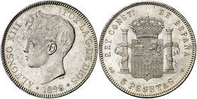 1898*1898. Alfonso XIII. SGV. 5 pesetas. (Cal. 27). 24,80 g. Leves marquitas. Brillo original. Escasa así. EBC+.