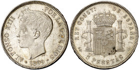 1899*1899. Alfonso XIII. SGV. 5 pesetas. (Cal. 28). 24,97 g. Leves marquitas. Brillo original. S/C-.