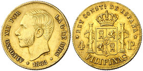 1882. Alfonso XII. Manila. 4 pesos. (Cal. 76). 6,78 g. Mínimas marquitas. Bella. Brillo original. Rara así. EBC+.