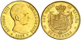 1889*1889. Alfonso XIII. MPM. 20 pesetas. (Cal. 4). 6,43 g. Mínimas marquitas. Bella. Escasa así. EBC+/S/C-.