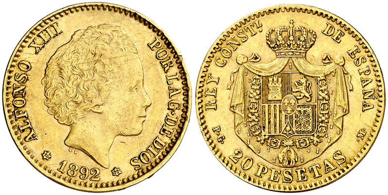 1892*1892. Alfonso XIII. PGM. 20 pesetas. (Cal. 6). 6,44 g. Leves golpecitos. Ra...