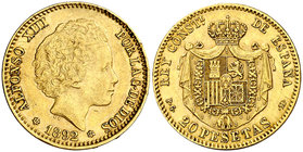 1892*1892. Alfonso XIII. PGM. 20 pesetas. (Cal. 6). 6,44 g. Leves golpecitos. Rara. MBC+.