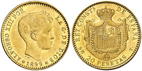 1899*1899. Alfonso XIII. SMV. 20 pesetas. (Cal. 7). 6,43 g. Golpecito. Parte de brillo original. Ex Colección Manuela Etcheverría. EBC-.