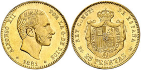 1881*1881. Alfonso XII. MSM. 25 pesetas. (Cal. 14). 8,06 g. Mínimos golpecitos. Bella. Brillo original. S/C-.