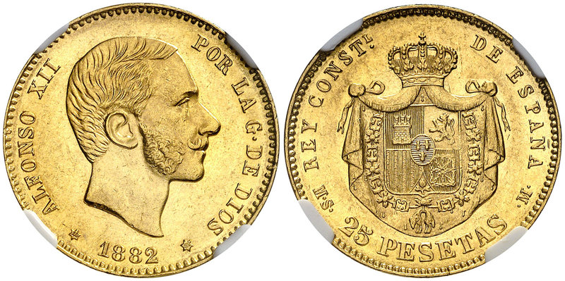 1882/1*1882. Alfonso XII. MSM. 25 pesetas. (Cal. 15). En cápsula de la NGC como ...