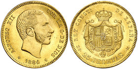 1884*1884. Alfonso XII. MSM. 25 pesetas. (Cal. 19). 8,04 g. Bella. Brillo original. Ex Colección Manuela Etcheverría. Escasa. EBC+.