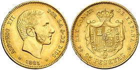 1885*1885. Alfonso XII. MSM. 25 pesetas. (Cal. 20). 8,06 g. Leves golpecitos. Precioso color. Rara. EBC-/EBC.