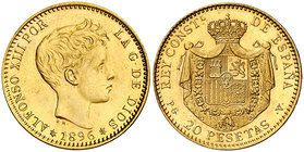 1896*1961. Estado Español. PGV. 20 pesetas. (Cal. 7). 6,45 g. Acuñación de 900 ejemplares. Rara. S/C-.