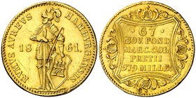 1861. Alemania. Hamburgo. 1 ducado. (Fr. 1142) (Kr. 579). 3,45 g. AU. Golpecitos y rayitas. Escasa. MBC+.