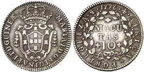 1796. Angola. María I. 10 macutas. (Kr. 36). 14,40 g. AG. Leves marquitas. Buen ejemplar. Rara. MBC+.