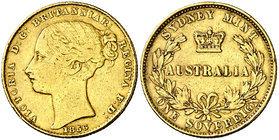 1856. Australia. Victoria. Sydney. 1 libra. (Fr. 9) (Kr. 2). 7,99 g. AU. Sirvió como joya. Muy rara. MBC-/MBC.