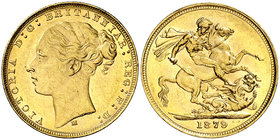 1879. Australia. Victoria. M (Melbourne). 1 libra. (Fr. 16) (Kr. 7). 8 g. AU. Parte de brillo original. EBC.