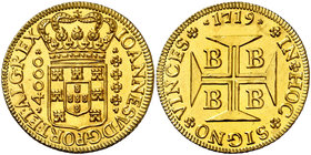 1719. Brasil. Juan V. B (Bahía). 4000 reis (moeda). (Fr. 30) (Gomes 103.06). 10,83 g. AU. Muy bella. Brillo original. Rara así. S/C.