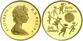 1979. Canadá. Isabel II. 100 dólares. (Fr. 10) (Kr.126). 16,90 g. AU. Año internacional del niño. Proof.