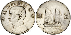 Año 23 (1934). China. 1 dólar. (Kr. 345). 26,68 g. AG. Limpiada. EBC.