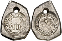 1846. Costa Rica. 2 reales. (Kr. 54). 6 g. AG. Dos contramarcas sobre un real de a 2 español (De Mey 468 y 470). Perforación. MBC-.