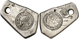 1846. Costa Rica. 4 reales. (Kr. 50). 13,06 g. AG. Dos contramarcas más otra adicional (4 en cuadrado) sobre 4 reales macuquinos de Guatemala (De Mey ...
