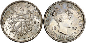 1897. Cuba. 1 peso souvenir. (Kr.UWC.M2.). 22,48 g. AG. Bella. Escasa y más así. S/C-.
