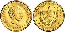 1915. Cuba. 5 pesos. (Fr. 4) (Kr. 19). 8,35 g. AU. Bella. Brillo original. EBC+.