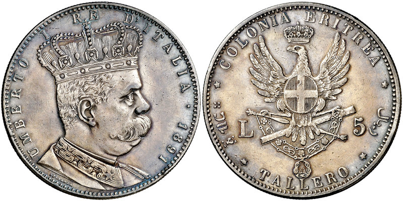 1891. Eritrea. Humberto I. 5 liras. (Kr. 4). 27,95 g. AG. Leves golpecitos. Atra...