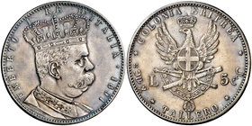 1891. Eritrea. Humberto I. 5 liras. (Kr. 4). 27,95 g. AG. Leves golpecitos. Atractiva. Rara. MBC+.