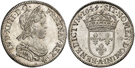 1645/4. Francia. Luis XIV. A (París). 1/4 ecu. (Kr. 161.1 var). 6,81 g. AG. Bella. Brillo original. Rara así. S/C-.