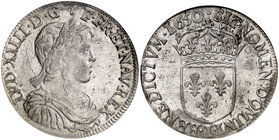 1650. Francia. Luis XIV. I (Limoges). 1/2 ecu. (Kr. 164.10). AG. En cápsula de la NGC como MS64, nº1753770-007. Muy bella. Brillo original. Rara así. ...