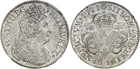 1711. Francia. Luis XIV. A (París). 1 ecu. (Kr. 386.1). AG. En cápsula de la NGC como MS61, nº 4348120-002. Acuñada sobre otra moneda. Muy bella. Bril...